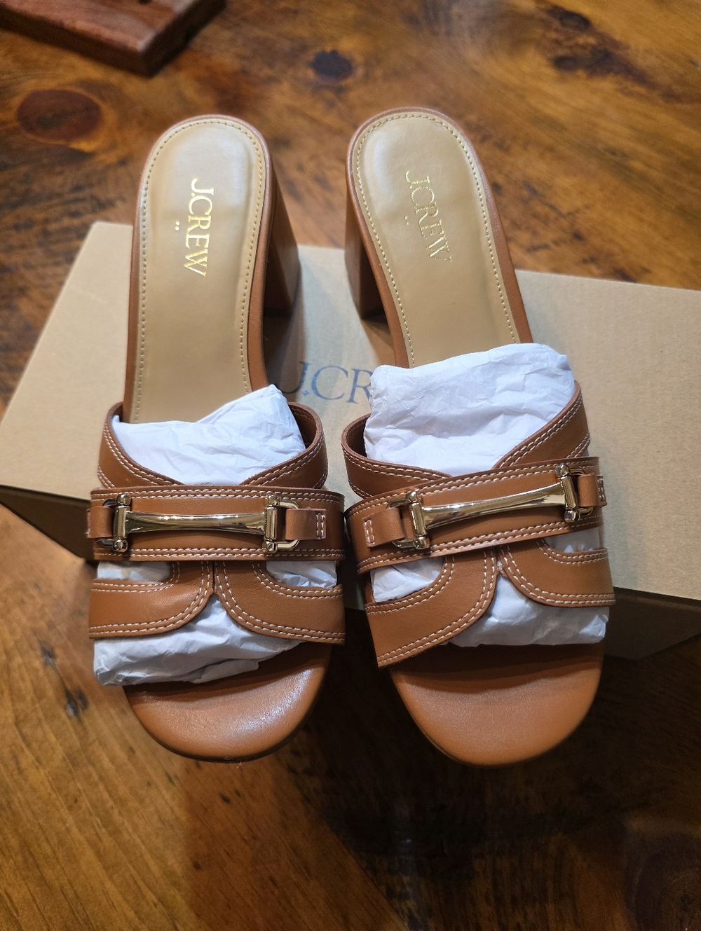 J Crew Bit Heeled Mules 8 English Saddle.